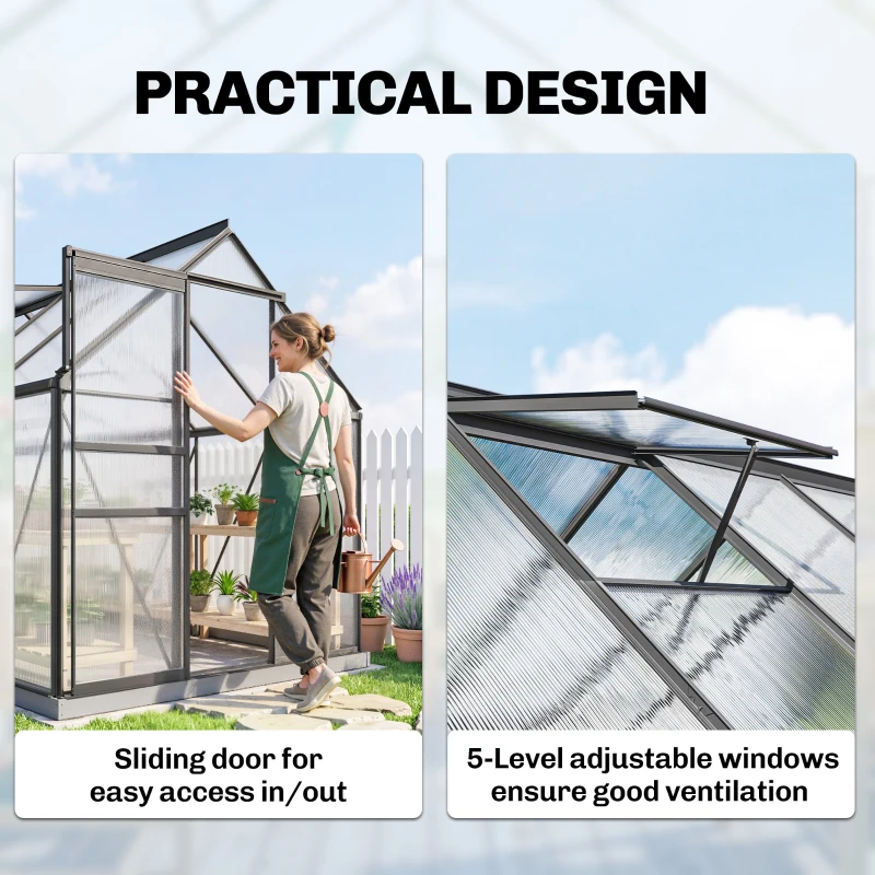 Outsunny 6' x 12' x 6.5' Polycarbonate Greenhouse, Walk-in Green House with Aluminum Frame Adjustable Roof Vent Galvanized Base Sliding Door Rain Gutter for Outdoor Garden, Grey