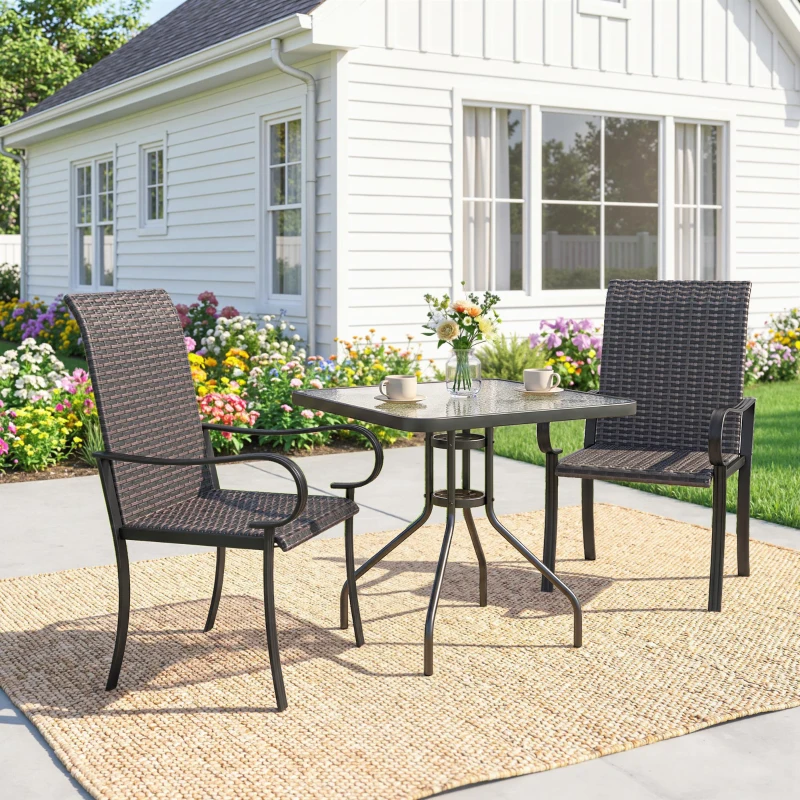 Outsunny Set of 2 Outdoor Wicker Dining Chairs with Armrest, Steel Frame, High Back and Deep Seating, Brown