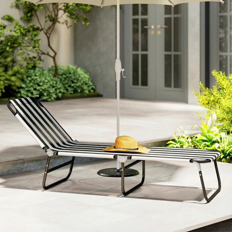 Outsunny Portable Folding Adjustable Sun Beach Lounger / Camping Cot - Black and White
