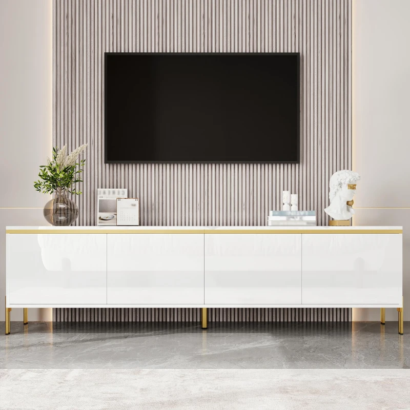 Modern High-Gloss TV Stand with Built-In Cable Management, Metal Legged TV Cabinet with Easy-Clean Surface, 67'' L x 15'' W x 19.5'' H, White