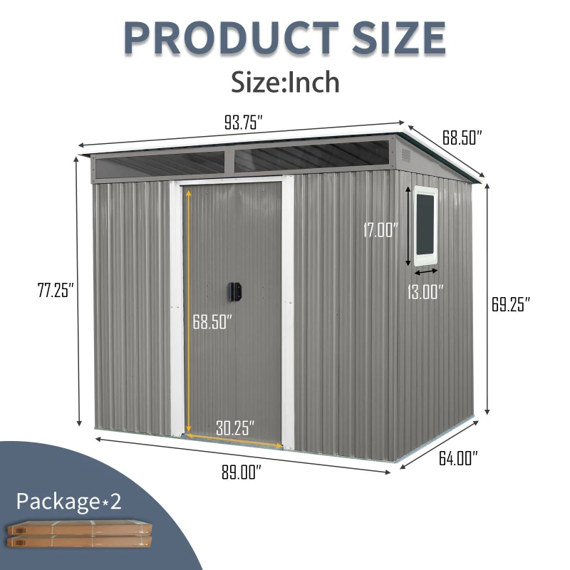 8ft x 6ft Outdoor Metal Storage Shed with Lockable Sliding Doors, Peaked Roof Metal House for Garden Tools, 93.5'' L x 68.5'' W x 77'' H, Gray