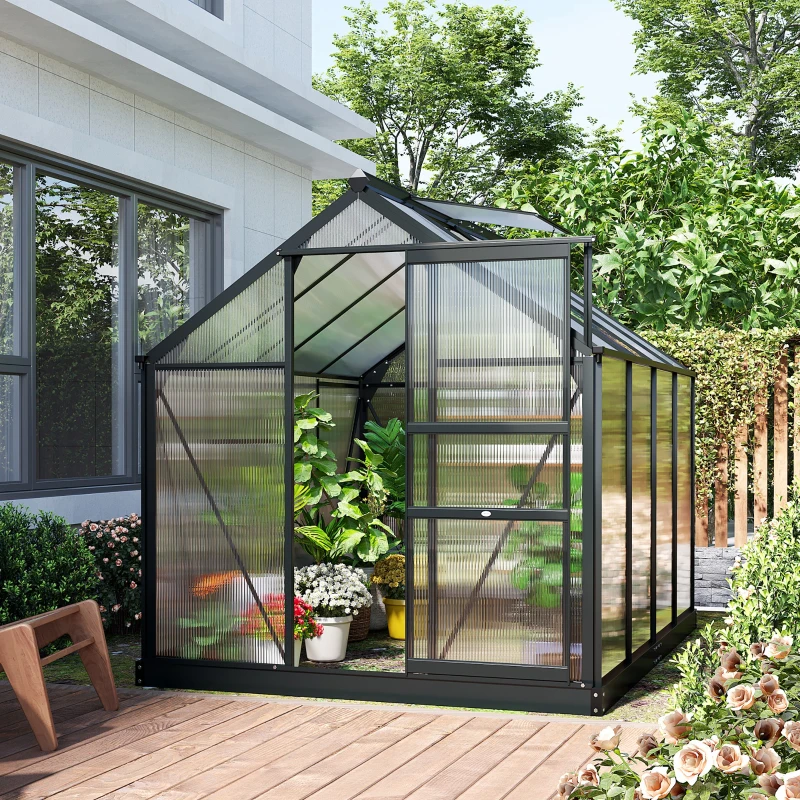 Outsunny Polycarbonate Greenhouse, Heavy Duty Outdoor Aluminum Walk-in Green House Kit Vent Door, 6.2'x8.3'x6.6' Gray