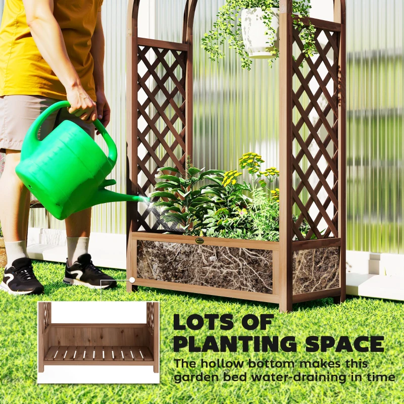 Outsunny Raised Garden Bed with Arch Trellis, Freestanding Garden Planter Box, Outdoor Planter Container, Dark Brown Wood Effect