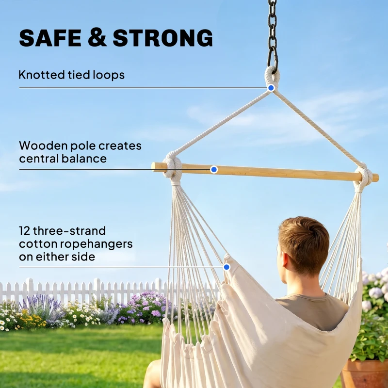 Outsunny Hammock Chair Swing Hanging Macrame Chair Cotton w/ Two Soft Seat Cushions, for Bedroom Indoor Outdoor Ideal Gift for Kids Lover Birthday Present White