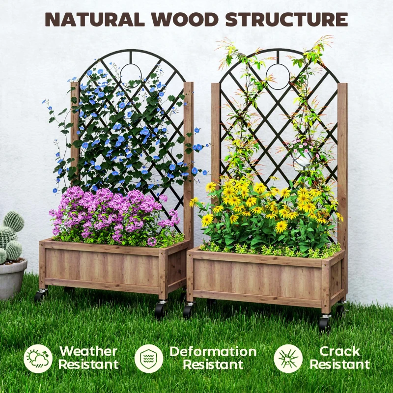 Outsunny Raised Garden Bed with Metal Trellis, Elevated Planter Box with Wheels and Drainage Holes, 20.5" x 9.8" x 38.2", Brown