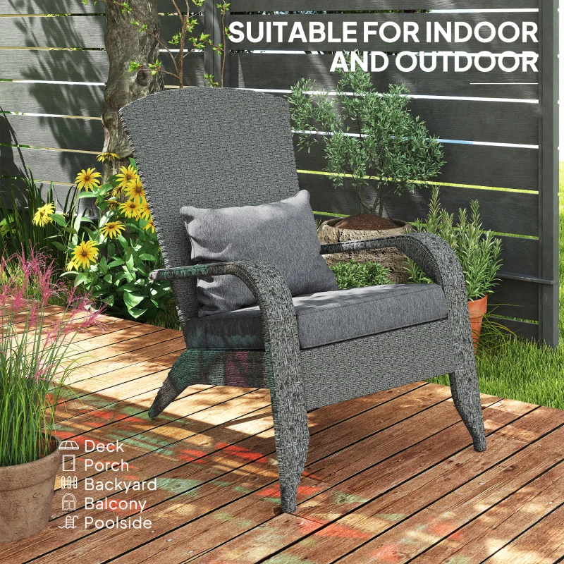 Outsunny Wicker Adirondack Chair, PE Rattan Outdoor Fire Pit Chair Muskoka Chair with Cushions, Heather Grey