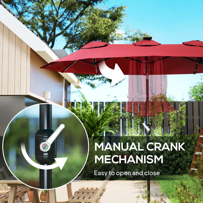 Outsunny Double-sided Patio Umbrella, 9.7' Outdoor Umbrella with Tilt and Crank, LED Solar Light and 12 Ribs, Wine Red