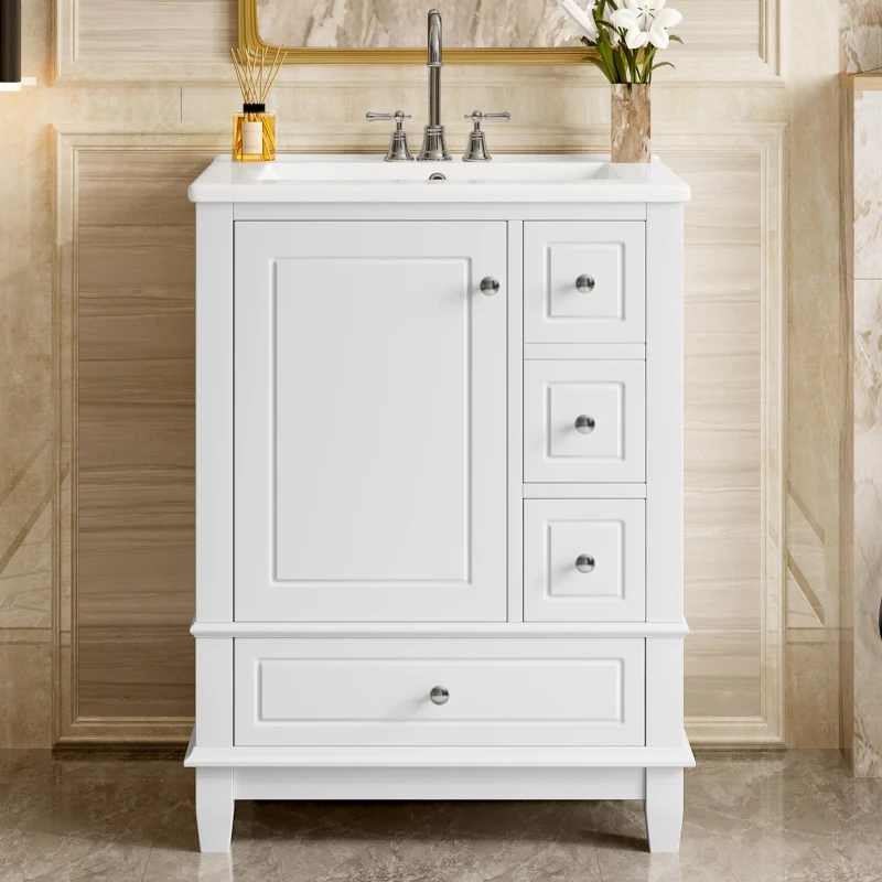 Spacious Bathroom Vanity with 3 Drawers and One-Door Cabinet, Freestanding Cabinet for Small Bathrooms, 24" L x 18.5" W x 34" H, White