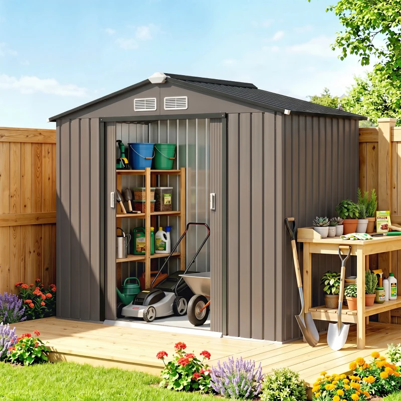 Outsunny 7' x 4' x 6' Garden Storage Shed Outdoor Patio Metal Tool Storage House w/ Foundation Kit and Double Doors Brown