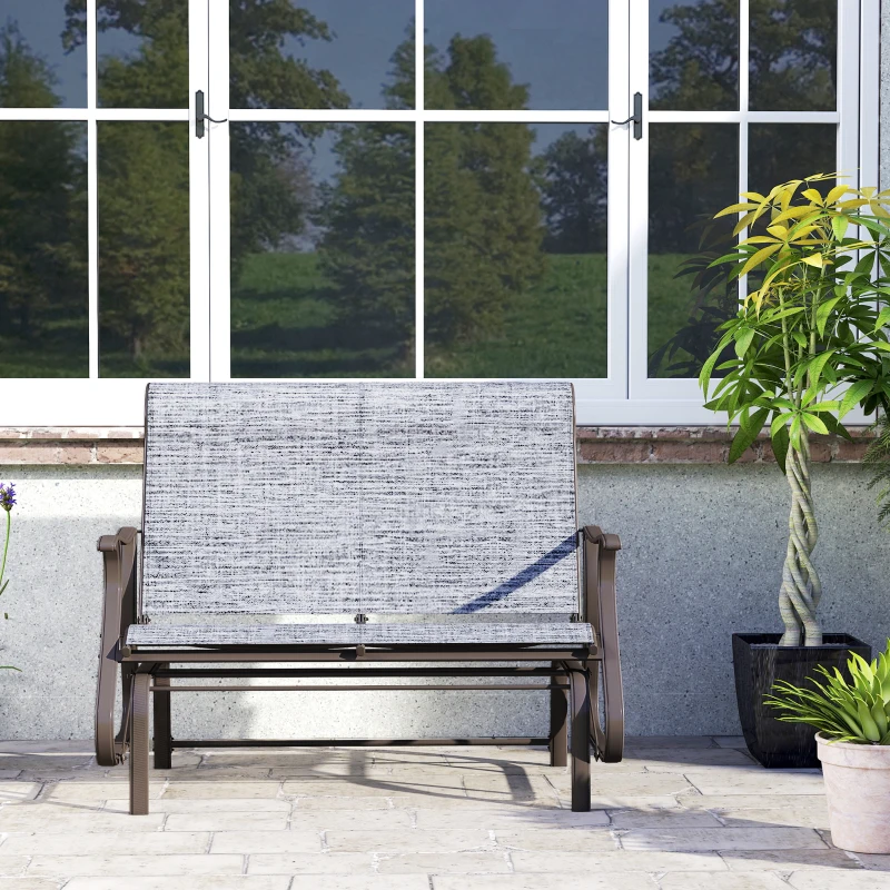 Outsunny 2-Person Outdoor Glider Bench, Patio Glider Loveseat Chair with Powder Coated Steel Frame, 2 Seats Porch Rocking Glider for Backyard, Lawn and Garden, Mixed Gray