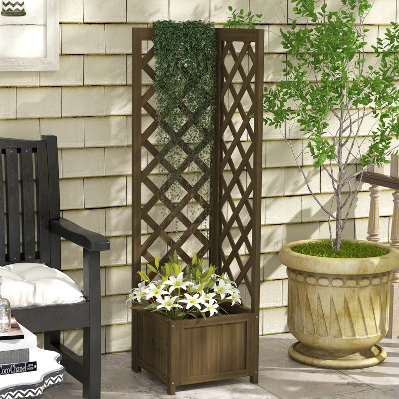 Outsunny Raised Garden Bed Wood Planter with Trellis for Vine Climbing, 16" x 16" x 57", Carbonized