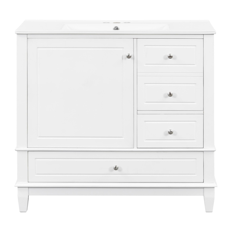 Spacious Bathroom Vanity with 3 Drawers and One-Door Cabinet, Freestanding Cabinet for Small Bathrooms, 36" L x 18.5" W x 33.5" H, White