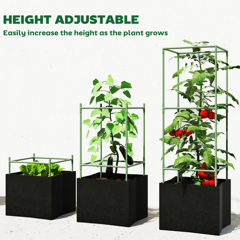Outsunny 3 Packs Tomato Cages with 13.5 Gallon Grow Bags, Adjustable Square Plant Support Trellis