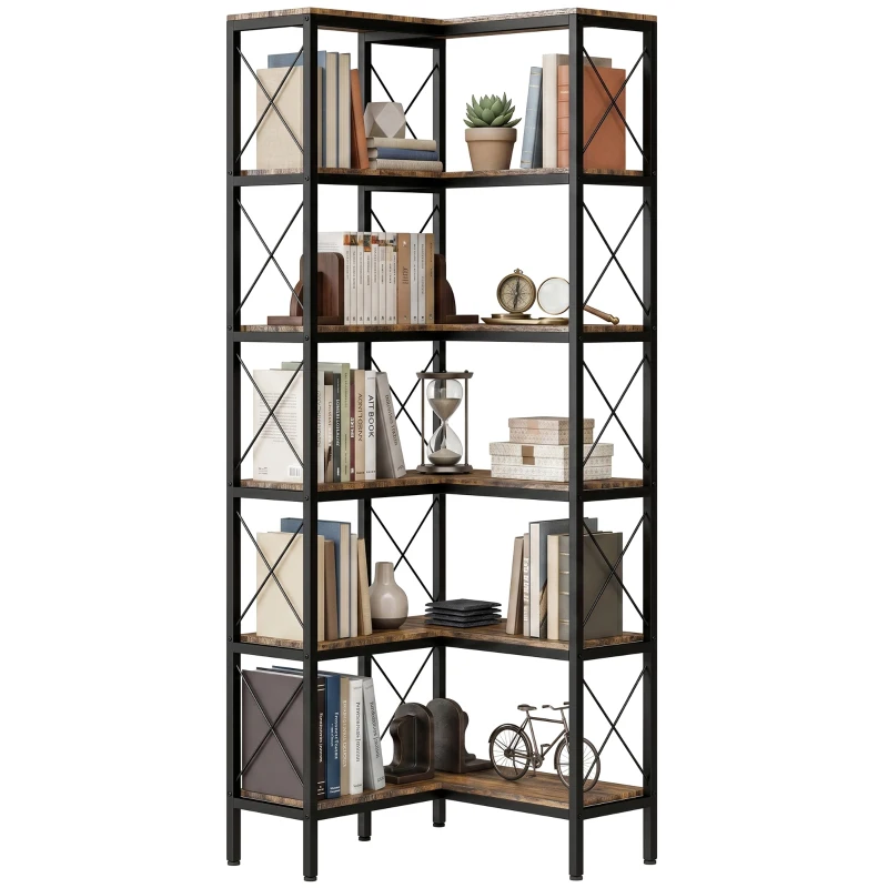 HOMCOM 5-Tier L-Shaped Bookshelf, Freestanding Bookcase with Metal Frame, Rustic Brown