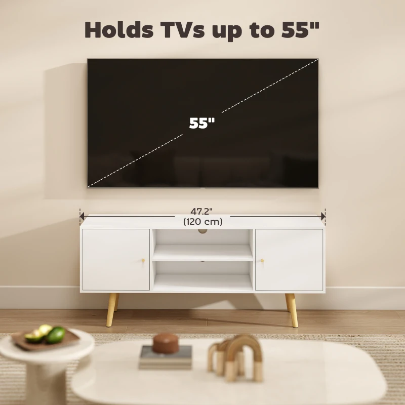HOMCOM TV Stand Cabinet for TVs up to 55 Inches, Entertainment Unit with Storage Shelves and Wood Legs for Living Room, White