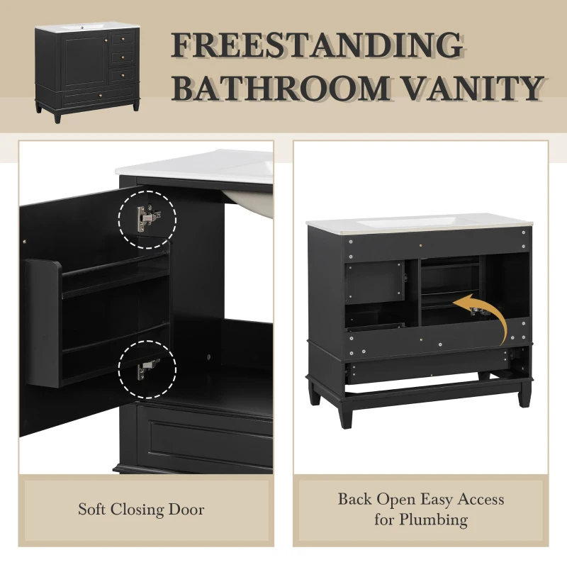 Spacious Bathroom Vanity with 3 Drawers and One-Door Cabinet, Freestanding Cabinet for Small Bathrooms, 36" L x 18.5" W x 33.5" H, Black