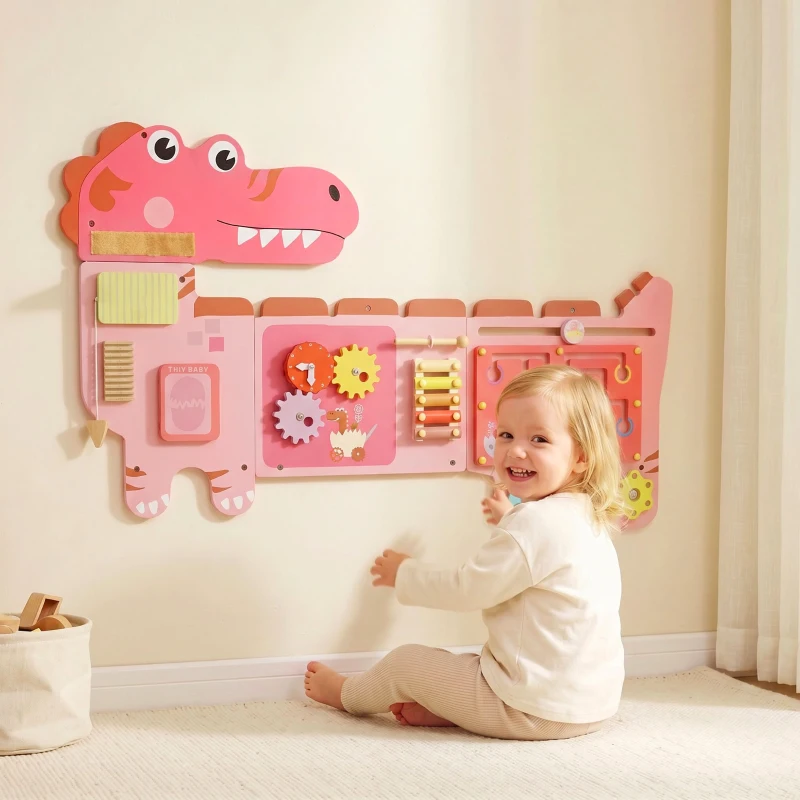 Qaba Busy Board Panels wall mounted Montessori Sensory Toys dinosaur center 87 x 52 x 5.5 cm Pink
