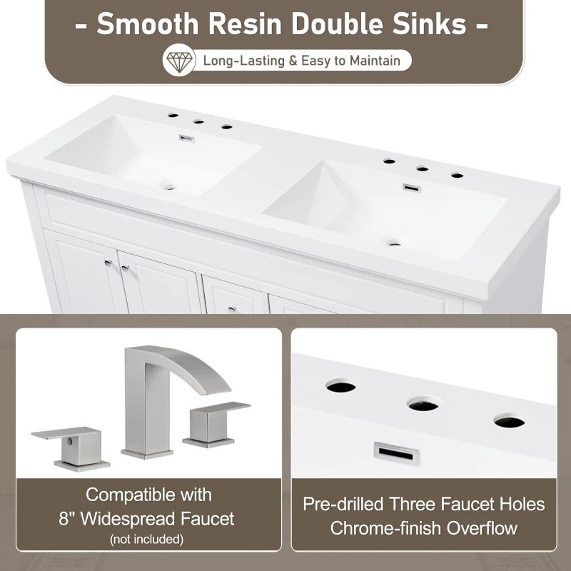 60-inch Resin Vanity Top with Undermount Rectangular Double Sinks, Undermount Sink Countertop with Built-In Overflow, 59'' L x 19.5'' W x 7'' H, White