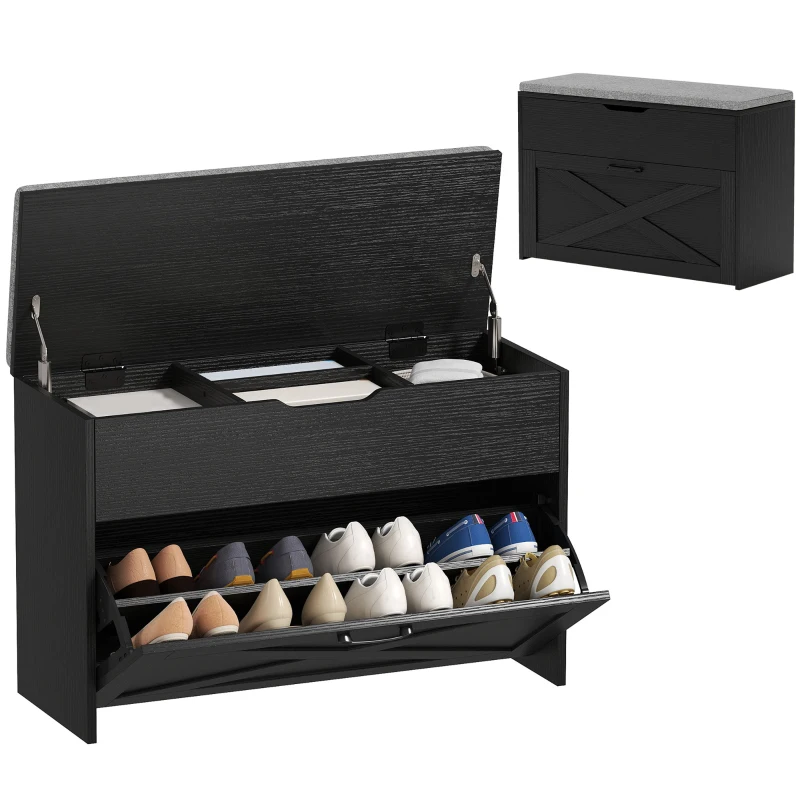 HOMCOM Shoe Storage Bench with Flip Drawer and Lift Top Storage, Entryway Bench with Seat Cushion for Hallway, Black