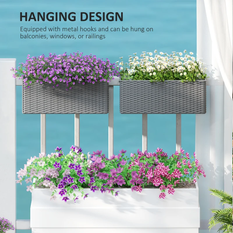 Outsunny 2 Pack 20 Inch Hanging Flower Pots, Railing Planter Box for Fence, Garden, Rattan Look, Grey