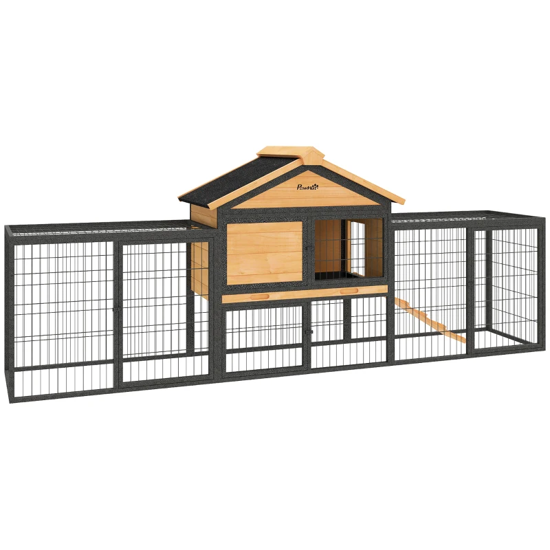 PawHut Rabbit Hutch Outdoor, 85"L Large Wooden Bunny Cage with Run Box, Removable Plastic Tray, Asphalt Roof, Ramp, Yellow