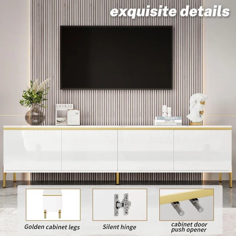 Modern High-Gloss TV Stand with Built-In Cable Management, Metal Legged TV Cabinet with Easy-Clean Surface, 67'' L x 15'' W x 19.5'' H, White