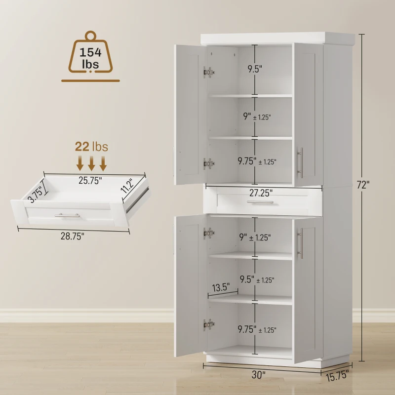 HOMCOM Modern Kitchen Pantry Freestanding Cabinet Cupboard with Doors and Drawer, Adjustable Shelving, White