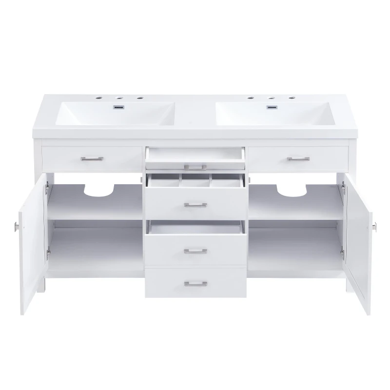 59-inch Double Sink Bathroom Vanity with Built-In Overflow, Transitional Bathroom Cabinet with Soft-Close Doors, 59'' L x 19.5'' W x 34'' H, White