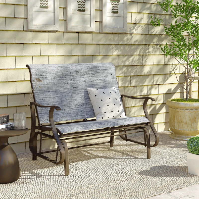 Outsunny 2-Person Outdoor Glider Bench, Patio Glider Loveseat Chair with Powder Coated Steel Frame, 2 Seats Porch Rocking Glider for Backyard, Lawn and Garden, Mixed Gray