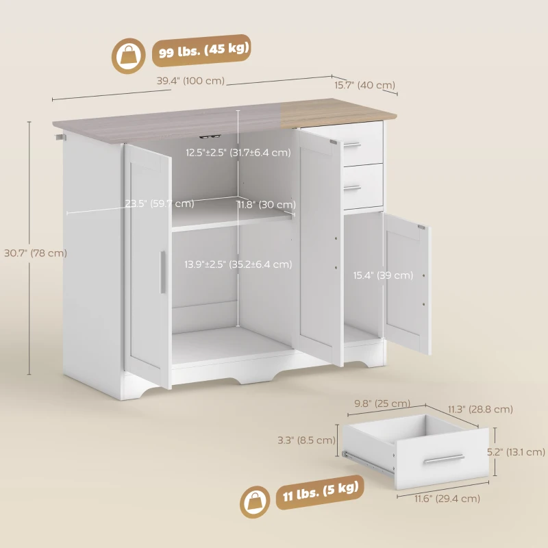 HOMCOM 40" Sideboard Buffet Cabinet, Modern Kitchen Storage Cabinet with 2 Drawers, 3 Doors & Adjustable Shelf, White