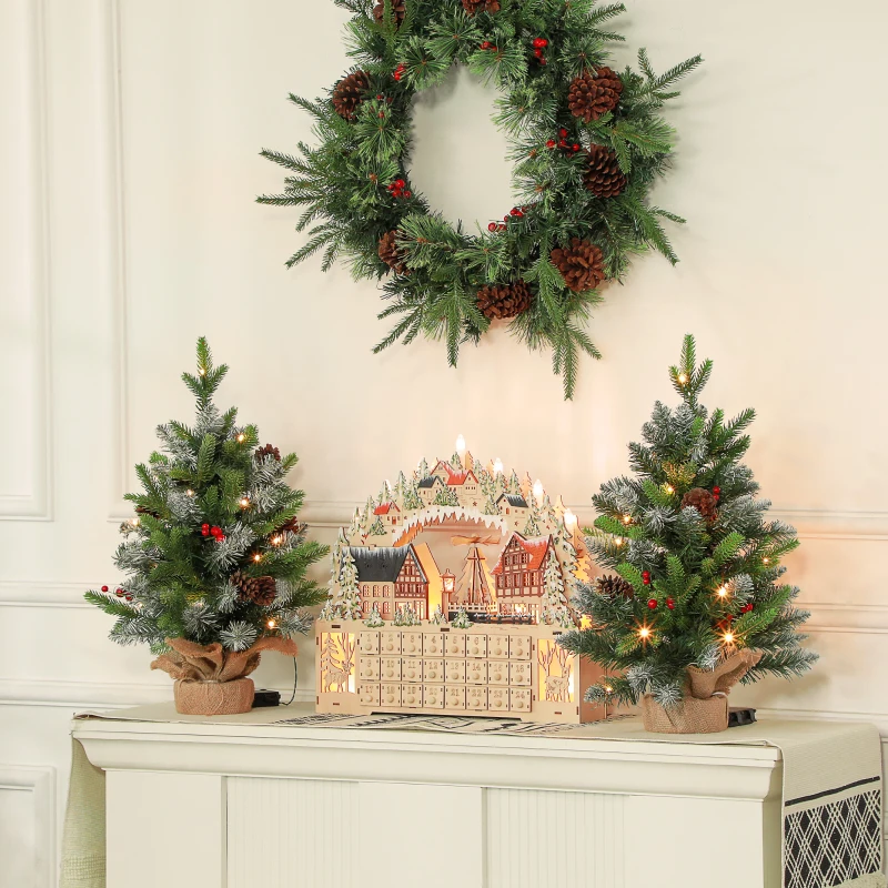HOMCOM Set of 2 2ft Pre-Lit Artificial Christmas Trees with 20 Warm White Lights and 141 Tips, Burlap Base, Xmas Tree, Green