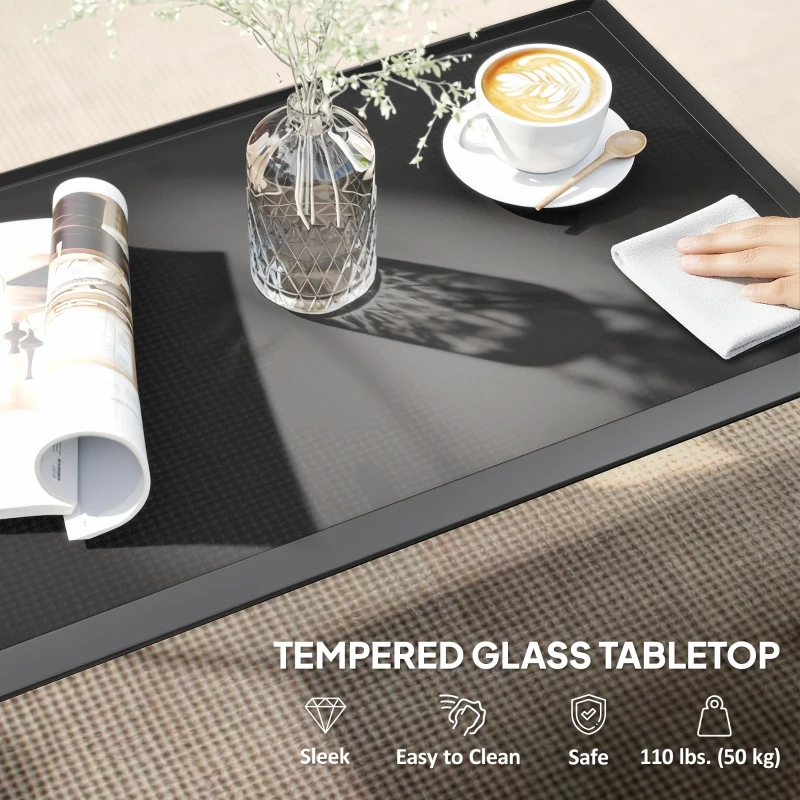 Outsunny 4 Piece Patio Furniture Set, Outdoor Conversation Set with Deep Seat, Loveseats, Armchairs, Glass-Top Table, Black
