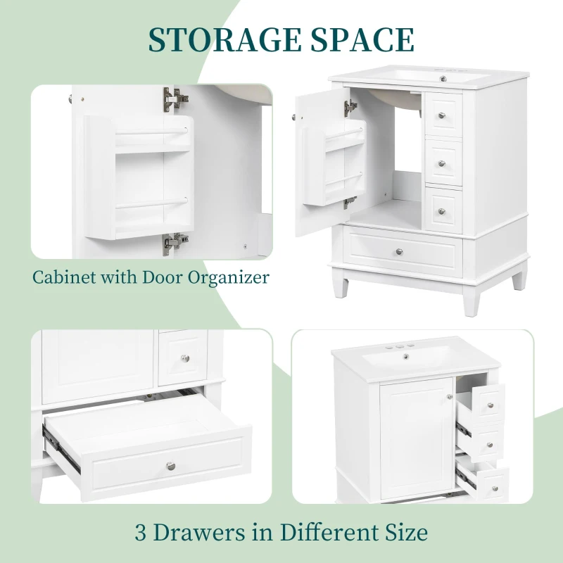 Spacious Bathroom Vanity with 3 Drawers and One-Door Cabinet, Freestanding Cabinet for Small Bathrooms, 24" L x 18.5" W x 34" H, White