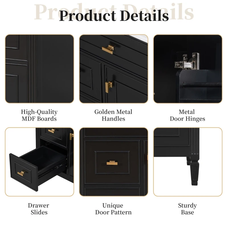 Spacious Vanity with Tip-Out Top Drawer and 2 Left-Side Drawers, Ideal Cabinet for Small-To-Medium Bathrooms, 30" L x 18.5" W x 33.5" H, Black