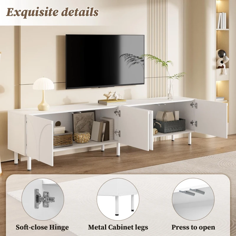Low-Profile TV Cabinet with 4 Doors and 2 Internal Storage Compartments, Modern TV Stand with PB and MDF Construction, 71'' L x 14'' W x 19.5'' H, White