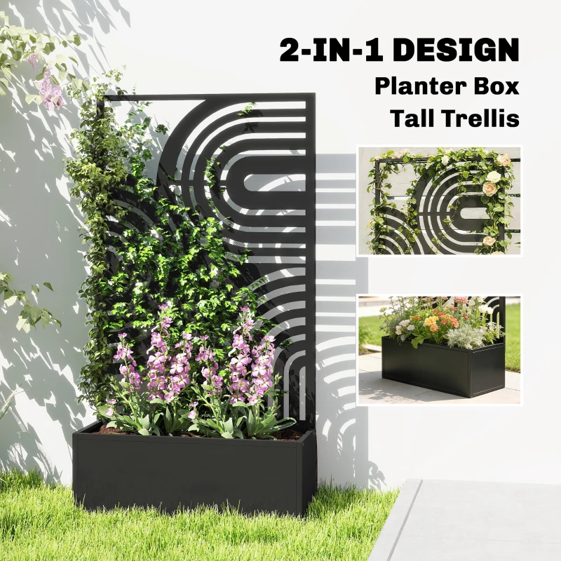 Outsunny Metal Planter Box with Trellis, 44.5" Raised Garden Bed with Trellis Privacy Screen for Climbing Plants