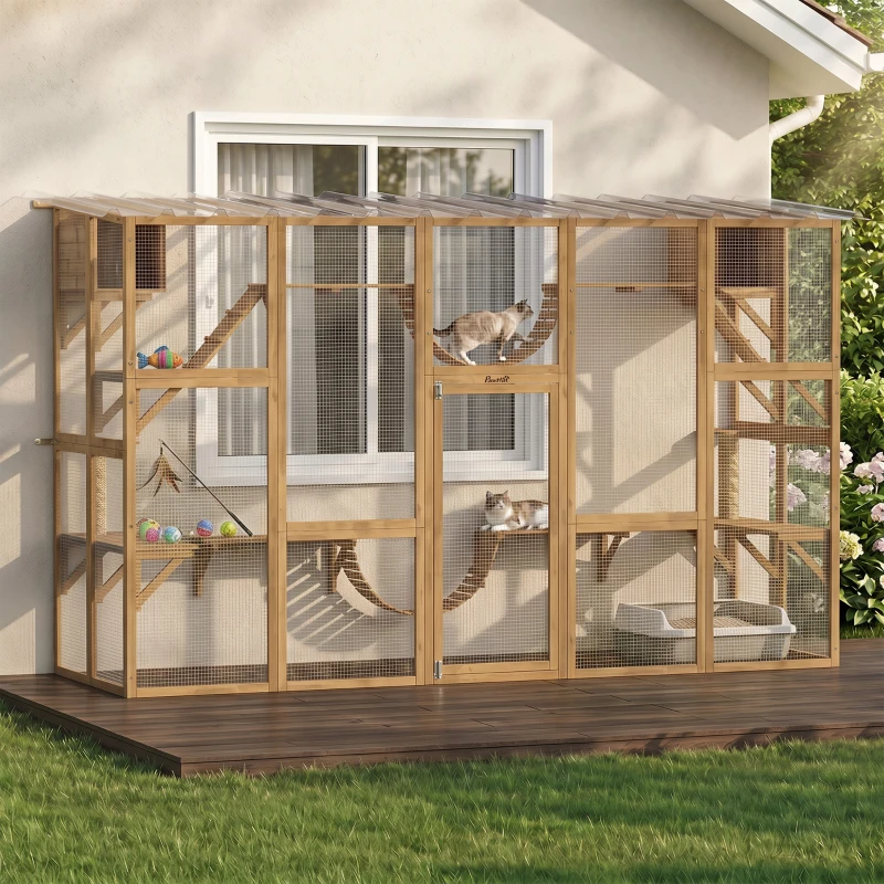 PawHut Catio Playground Cat Window Box Outside Enclosure for Multiple Cats w/ Shelves & Bridges, Yellow