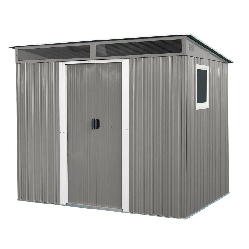 8ft x 6ft Outdoor Metal Storage Shed with Lockable Sliding Doors, Peaked Roof Metal House for Garden Tools, 93.5'' L x 68.5'' W x 77'' H, Gray