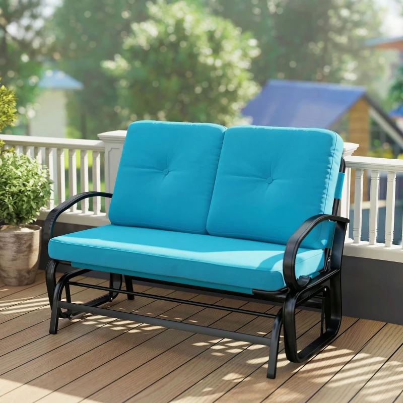 Outsunny Outdoor Glider Bench, 2-Person Patio Rocker Loveseat with Tufted Cushions, Steel Frame for Porch, Garden Backyard, Blue