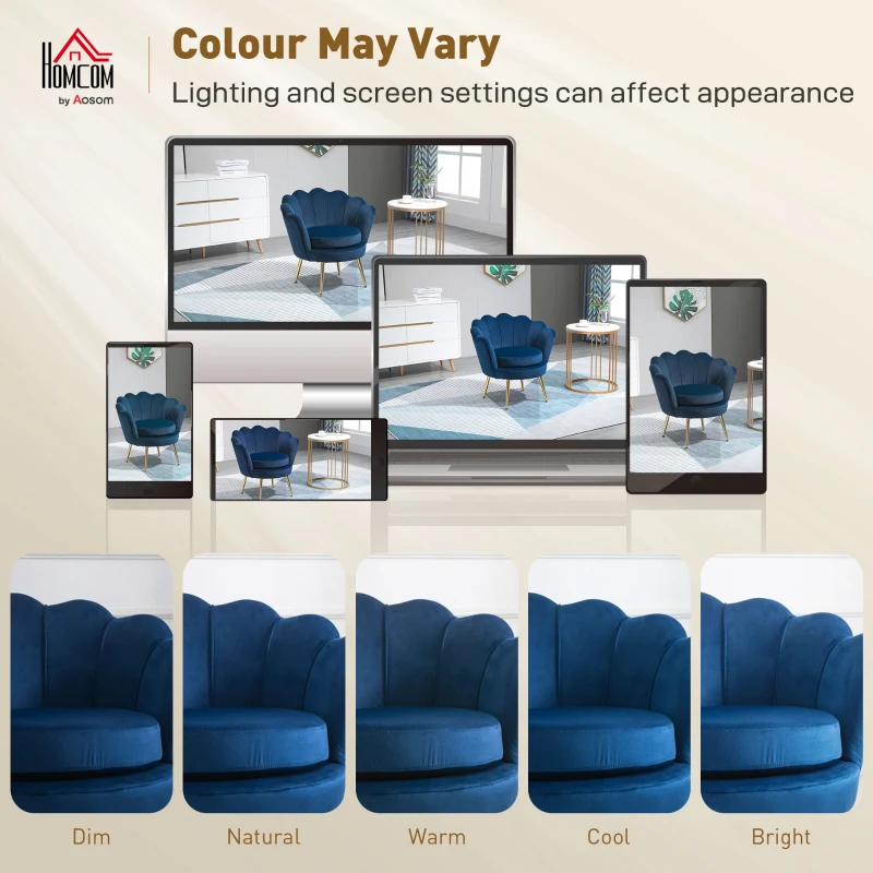 HOMCOM Modern Accent Chair, Velvet-Touch Fabric Leisure Club Chair with Gold Metal Legs for Bedroom, Blue