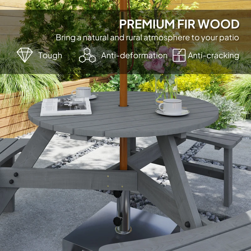 Outsunny 6 Person Round Picnic Table Bench Set with Umbrella Hole, Wood Patio Table with 3 Built-in Benches for Garden, Deck, Backyard, Grey