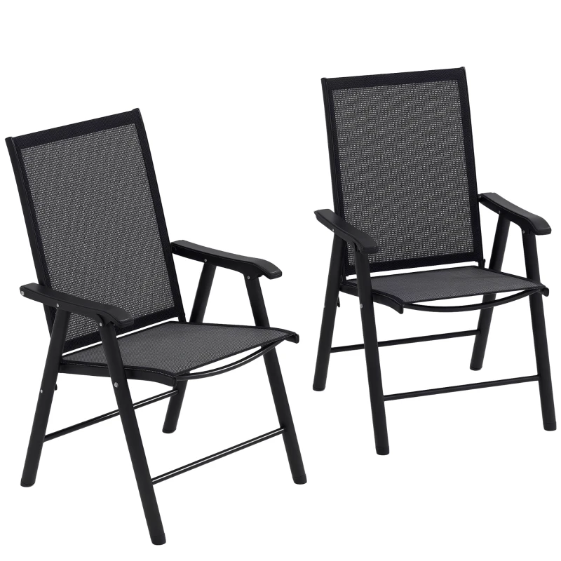 Outsunny 2-Piece Folding Chair Set for Relaxing on Patio Balcony Garden, Comfortable Outdoor Furniture with Armrests, Dark Grey