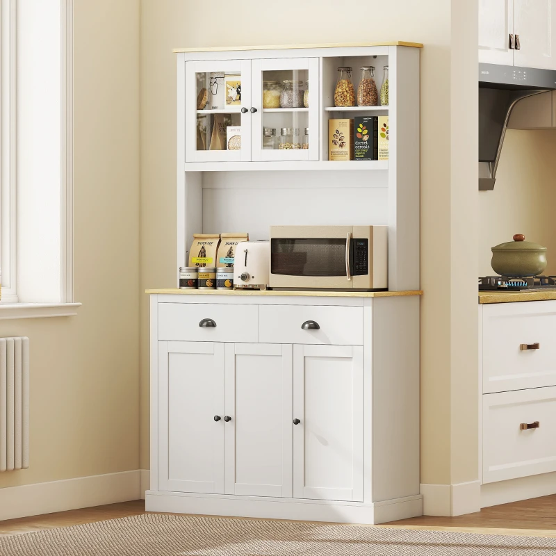HOMCOM Freestanding Kitchen Cabinet, 71" Tall Pantry Cabinet, Modern Hutch with Wide Countertop, Adjustable Shelves, White