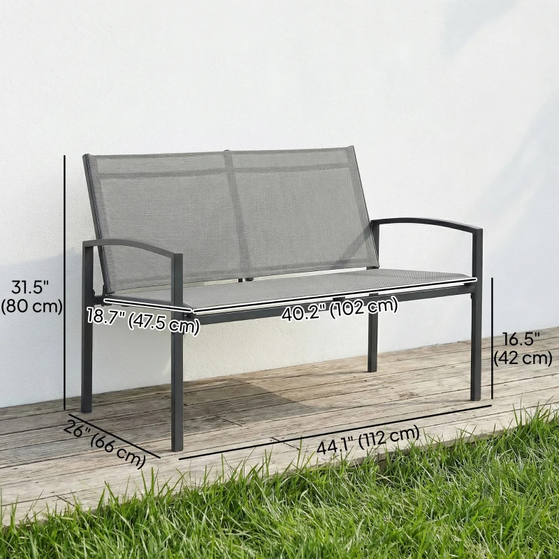 Outsunny Outdoor Garden Bench, 44 in Metal Patio Garden Park Bench with Breathable Mesh Fabric, 528 lb Load Capacity, Grey