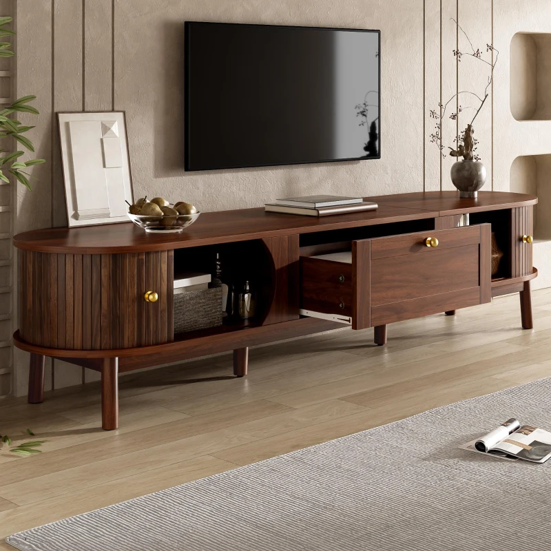 Sliding-Door TV Cabinet with Spacious Drawer and 2 Sliding Doors, Modern Wood TV Stand for Living Room, 67'' L x 15.5'' W x 15'' H, Walnut