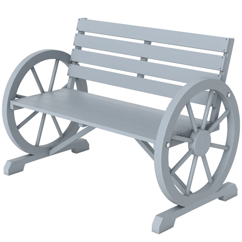 Outsunny 42" Wood Wagon Wheel Bench Garden Loveseat Rustic Seat Relaxing Lounge Chair Outdoor Decorative Seat Park Decor, Grey