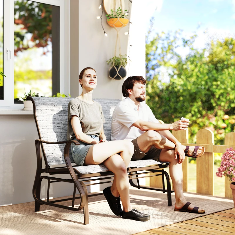 Outsunny 2-Person Outdoor Glider Bench, Patio Glider Loveseat Chair with Powder Coated Steel Frame, 2 Seats Porch Rocking Glider for Backyard, Lawn and Garden, Mixed Gray