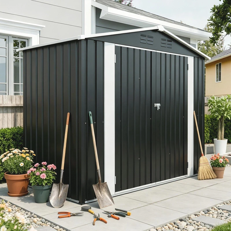 Vented Bike Storage House with Reinforced Roof Beams, Outdoor Metal Storage Shed for Backyard, 93.5'' L x 43.5'' W x 72.5'' H, Black
