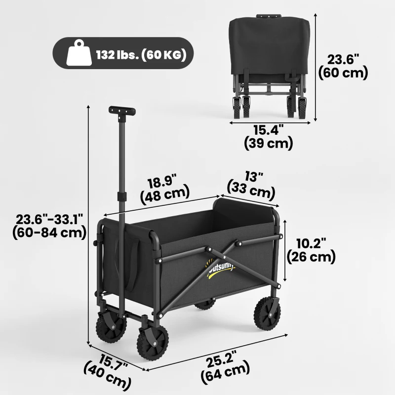 Outsunny Small Collapsible Folding Garden Cart, Heavy Duty Lawn Wagon with Universal Wheels and Adjustable Handle, Black