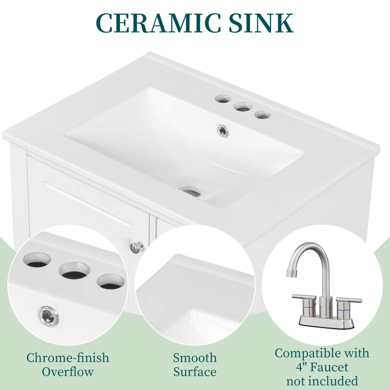 Spacious Bathroom Vanity with 3 Drawers and One-Door Cabinet, Freestanding Cabinet for Small Bathrooms, 24" L x 18.5" W x 34" H, White